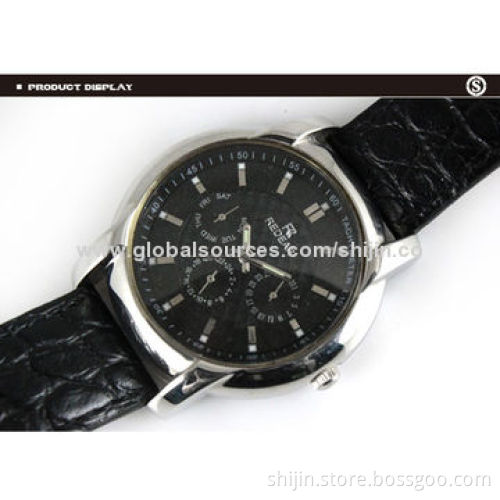 Three-eye Stainless Steel Business Watch with Genuine Leather Band, Chronograph
